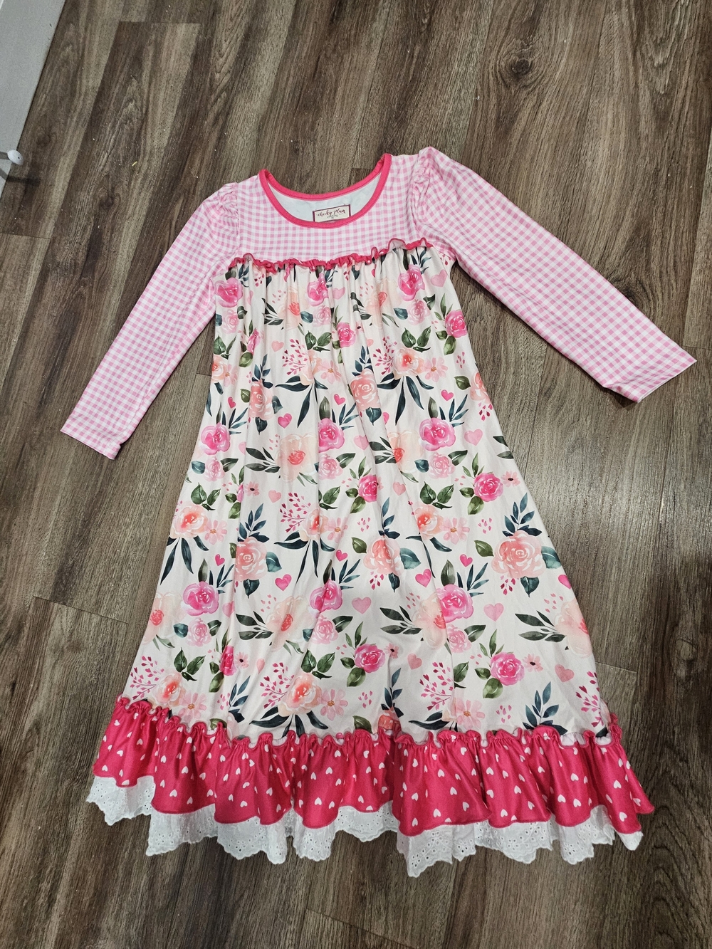 cheeky plum Pink Floral Gingham Sleeve Nightgown with Hot Pink Trim